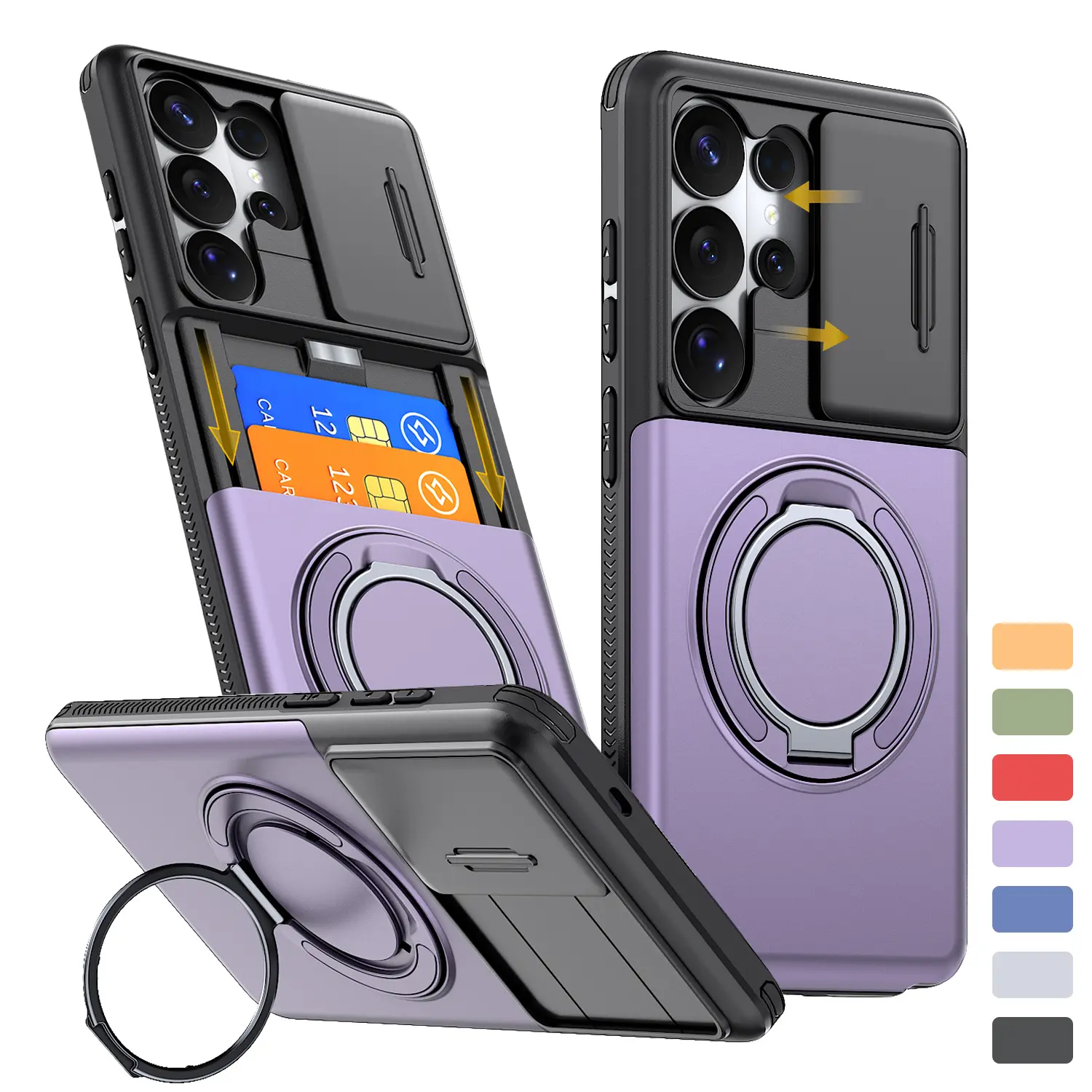 For Samsung Galaxy S26 Ultra Plus S25 S24 S23 S22 Case with Slide Camera Cover, Built-in 360° Rotating Ring Stand  & Card Holder, Heavy Duty Shockproof Protective Phone Case