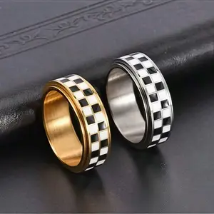 Virelyn Checkered T Fidget Ring for Adults, 18K Gold-Plated Stainless Steel, Stress Relief Accessory with Fashionable Geometric Design, Ideal Gift