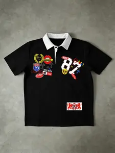 Trendy 87 Multi-Badge Graphic Contrast Collar Short Polo Shirt, Streetwear - Oversized Fit With Mixed Motif Prints, Featuring Number 87, Crest Badges And "Move With Star" Slogan, Ideal For Daily Wear, Street Style Outings, Casual Hangouts -