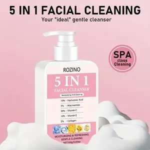 Rozino 5 in 1 Face Wash with Hyaluronic Acid, Niacinamide, Vitamin C, E and Collagen, lather up on wet face and focus on the t zone for a thorough cleanse, a simple way to refresh and balance oily skin every day 150g