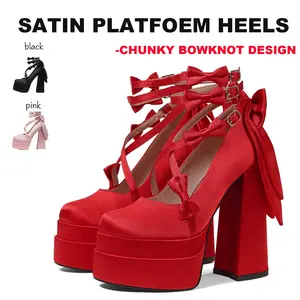 Women’s Satin Platform Heels Chunky Block Heel Cross Strap Bow Accent Ankle Strap Lolita Party Costume Prom Streetwear Footwear design