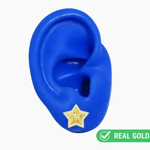 10K YELLOW GOLD NUGGET PAVE STAR STUD EARRINGS