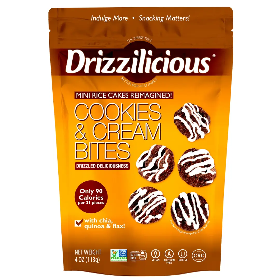 Drizzilicious Cookies & Cream Mini Rice Cakes - Gluten-Free, Vegan, Crunchy & Healthy Snack, 90 Calories per Serving, 4 oz