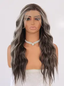 MACA BAKA Caroline Iced Brown Ash Blonde Ombre Highlight Water Wave Lace Front Wigs with Scandinavian Hairline Straight Drop Low Density 18 Inches Long Brown Loose Curly HD Synthetic Lace Front Wigs for Women Pre Plucked