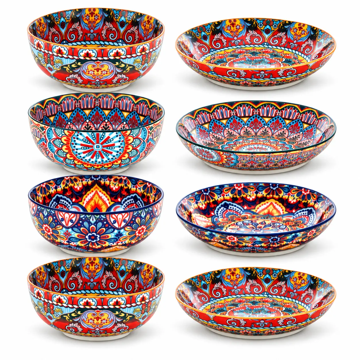 Bohemian Dinner Sets - 8-Piece BPA-Free Colorful Geometric Print Glossy Porcelain Tableware Kit, Bowls and Plates Set (22oz Soup Bowls, 8in Plates) for 1-5 People, Everyday Brunch, Soup