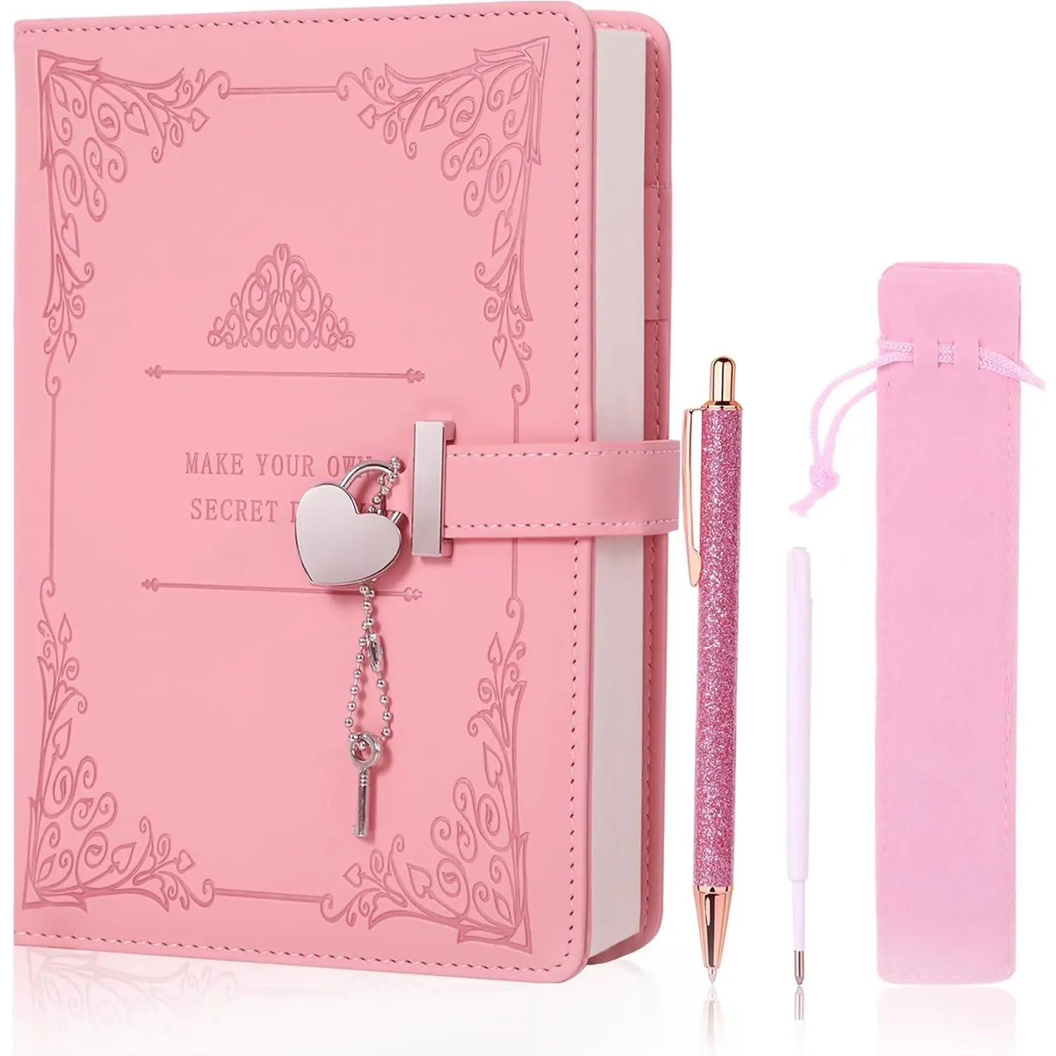 Heart-Shaped Lock diary with pen,A5 Size Soft PU Leather Locking Journal Personal Planner Writing Notebook  Notebook Gift for Adults,,Writers girls&women.(Pink).