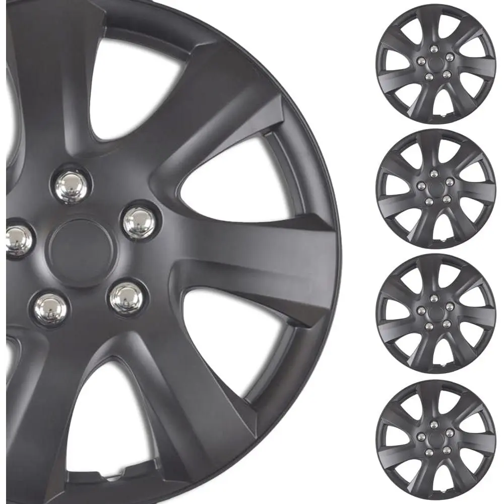 4-Pack Premium 16 Inch Rim Wheel Cover Hubcaps for Cars Trucks SUVs Vans, Direct OEM Replacement Universal Fit Snap-On ABS Hubcaps 16 inch Wheel Covers - Set of 4 Hub Caps - 7-Spokes Matte Black