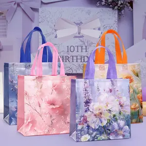 12pcs/24pcs Watercolor Floral Bags, Non-Woven Gift Bags with Handles, Various Flower Prints, Perfect for Birthday, Wedding, Mother's Day