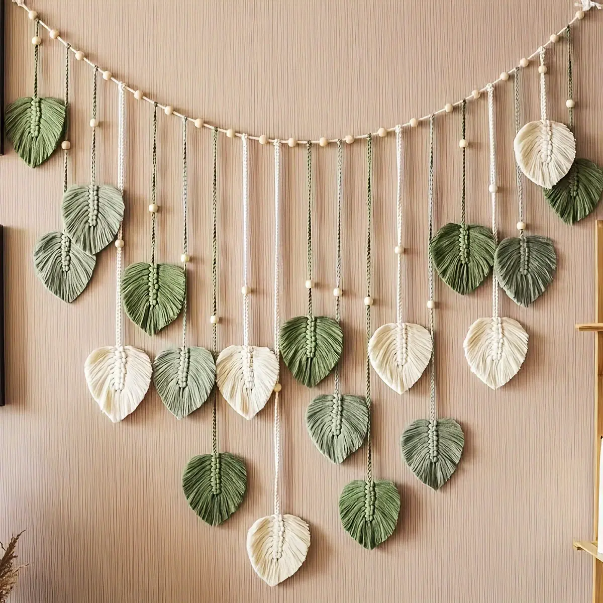 Bohemian Handwoven Flower Pattern Tapestry - Synthetic Polyester Hangable Home Decoration, Layered Beige with Fringe, Green Leaves, Beaded Pendants, Horizontal Artificial Flower Accents, Fiber Craft, Artificial Hanging, Holiday Gift