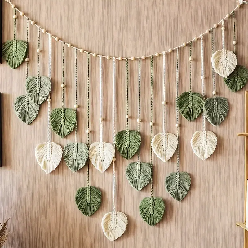 Bohemian Handwoven Floral Pattern Tapestry - Non-Woven Polyester Decoration, Whimsical Aesthetic Home Decor, Boho Wall Accent with Beige Fringe, Green Leaves, Beading Pendants, Artificial Hanging Flowers, Fiber Craft Floral Decor Holiday Gift