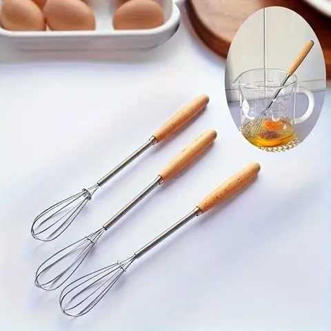 Wooden Handle Whisk, 3 Counts Stainless Steel Egg Beater, Milk Whipper Wire Whisk for Blending, Whisking, Beating, Or Stirring, Home Baking Supplies, Baking Utensils Supplies, Baking Tools, Kitchenware, Baking Equipment