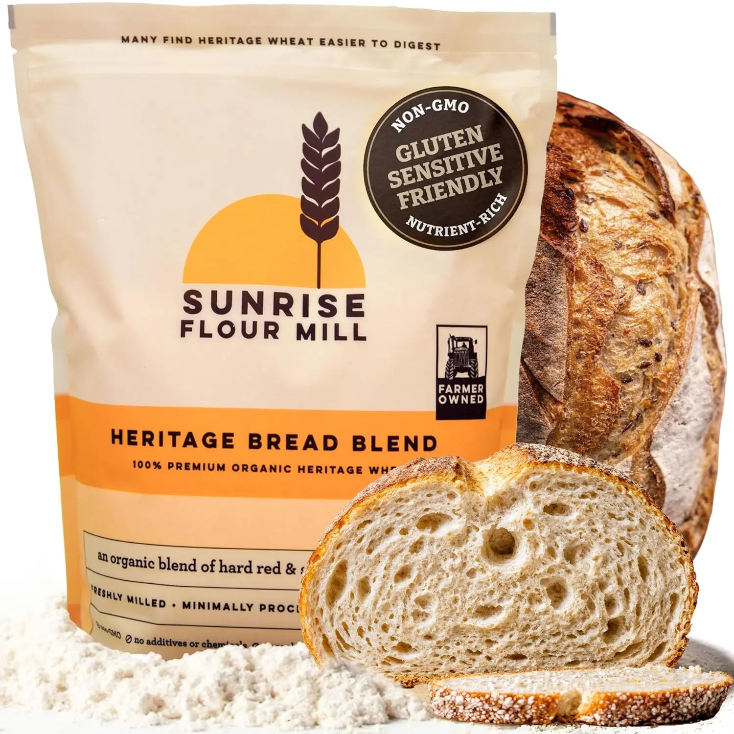 Sunrise Flour Mill Heritage Organic Bread Flour Blend - 2.0 lbs | Organic Unbleached Bread Flour Easy to Digest with Less Bloating | High Protein for Superior Baking | Smooth, Nutty Flavor