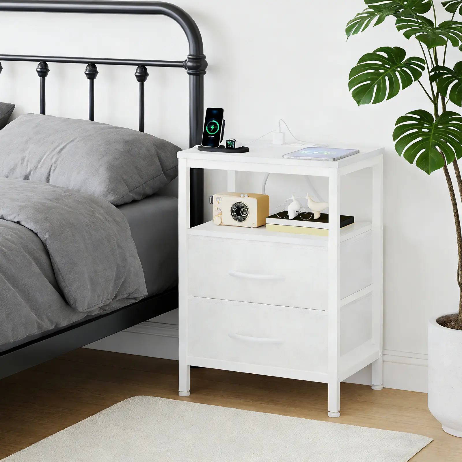 Nightstand with Charging Station, Fabric Drawer Bedside Table, 3-Tier End Table with Storage Shelf, Night Stand with USB Ports & Outlets for Bedroom