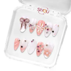 Siyou Luxy Bay Press On Nails Short Almond Pink And White Glossy Finish Reusable