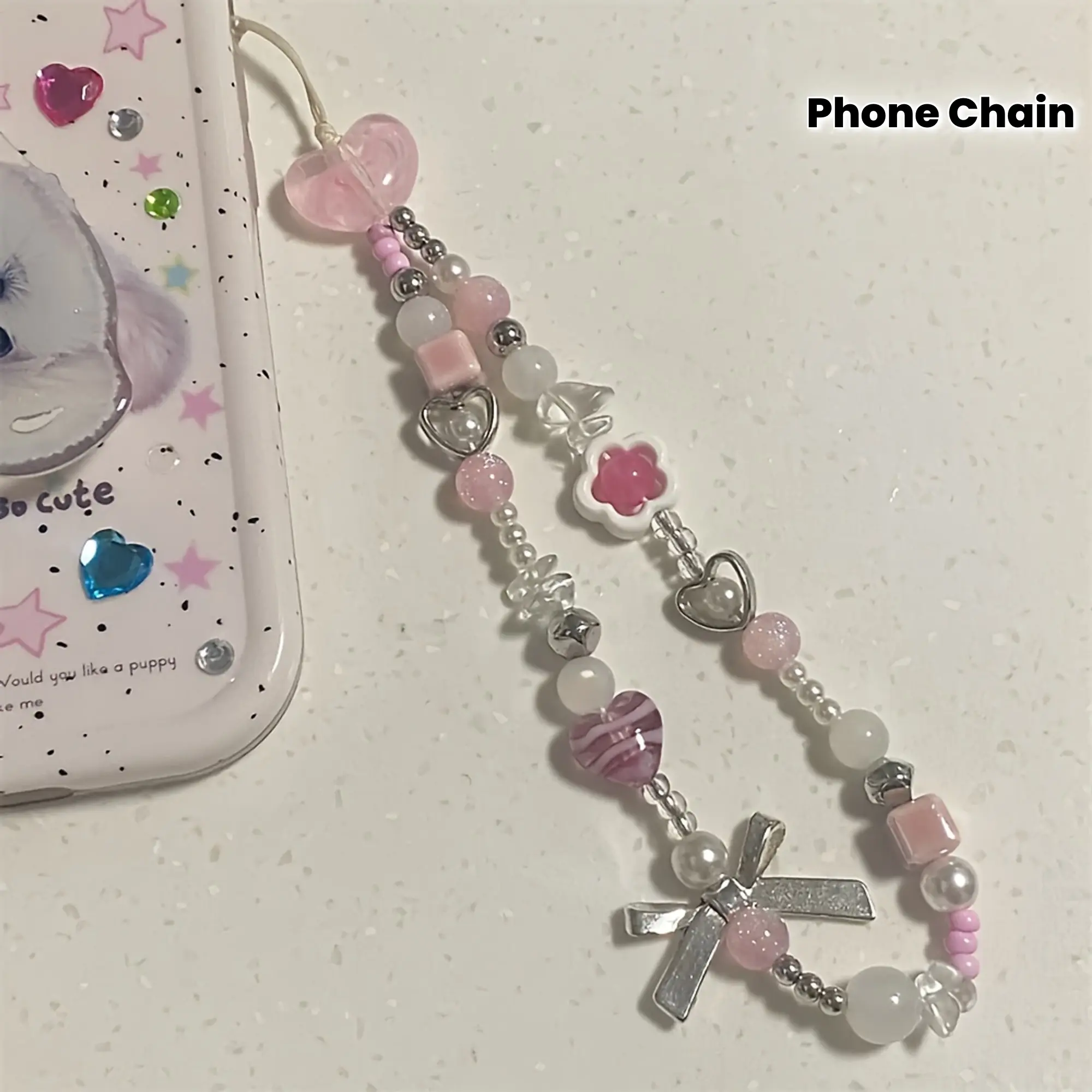 Y2K Cute 3D Pink Love Silver Bow Flower Bead Suitable for Type-C Dust Stopper Phone Chain, Suitable for iPhone/Samsung Phone, Universal Accessory
