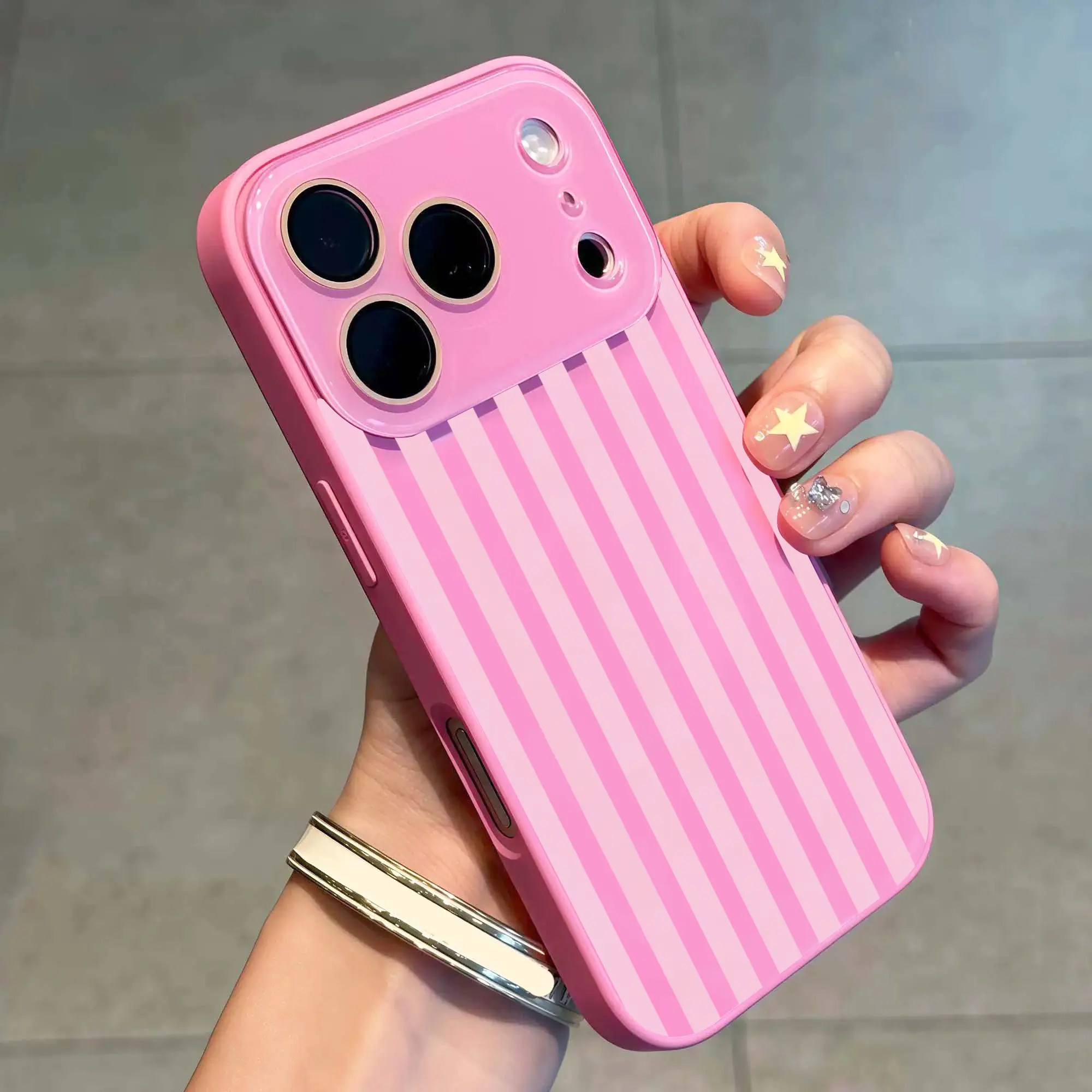 Cute Hot Pink Striped Phone Case Shockproof Fashion Aesthetic for Women Girls with Bulit-in Camera Protection for iPhone 17 16 15 14 13 Pro Max