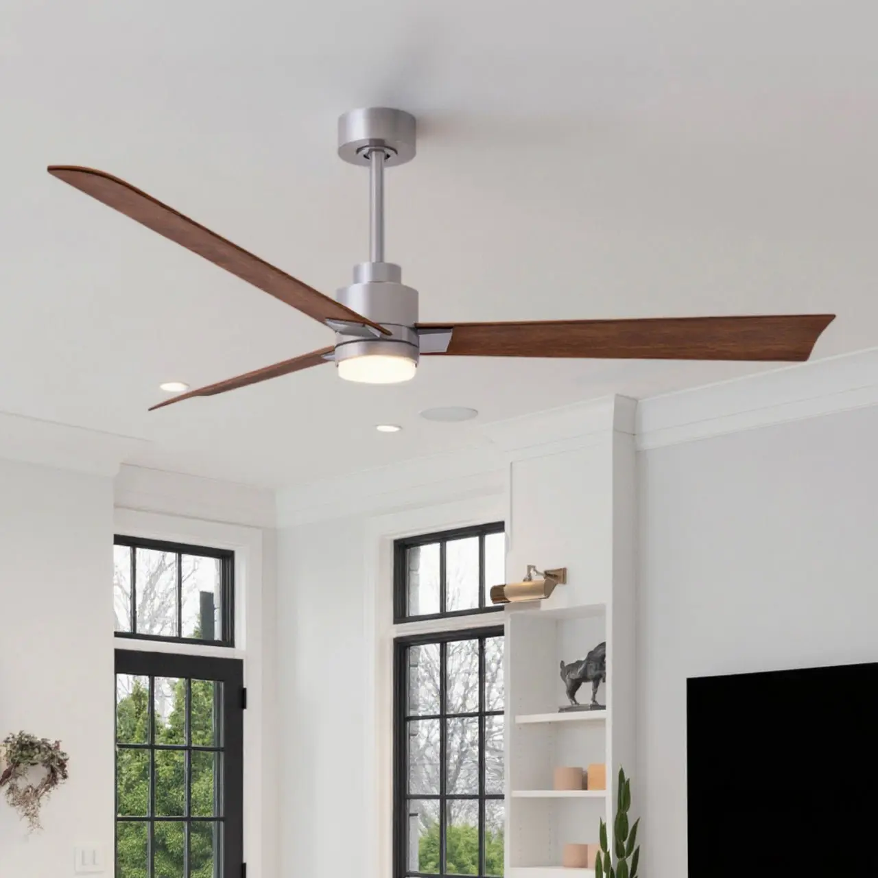 UMC9053 Scandinavian Indoor/Outdoor Ceiling Fan, 8" (Plus Downrod) H x 56" W x 56" D, Brushed Nickel Finish, Drifthelm Collection