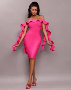 Drop Cut Off Shoulder Dress in Hot Pink with Ruffled Detailing for Stylish Wear