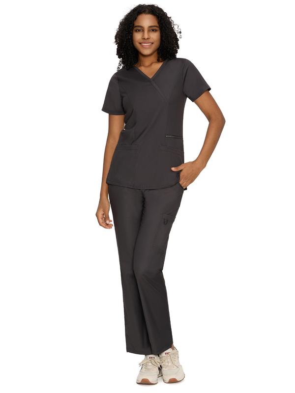 COZYFIT Soft Scrubs for Women - Mock Wrap Top & Straight Leg Pants with 6 Pockets, Back Princess Seams, Soft Fabric