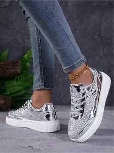 Women's Sparkly Rainbow Platform Sneakers! Shiny Metallic Skate Shoes, Comfy Wedge Casual Shoes for Outdoor & Daily Outfits Footwear