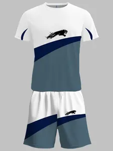 Men's Fashion Swimwear Set, Blue Colorblock Quick-Dry Swimsuit, Pool Vacation Essential, Short Sleeve Shorts, Cool Leopard Print Design