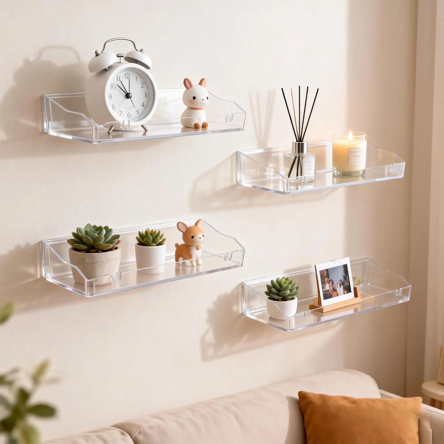 Clear Floating Shelves, Acrylic Shelves for Bathroom | Organizers and Storage, Adhesive Shelf or Screws, Wall Mount Organizer for Shower Caddy, Room Decor, Kitchen, Living Room