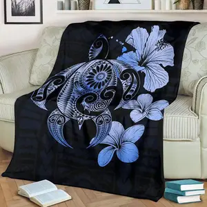 Luxury Blue Turtle & Hibiscus Floral Geometric Pattern Flannel Blanket - Retro Style All-Season Soft Bedspread, Quilted Texture in Navy & White for Home Decor, Turtle Decor summervibes
