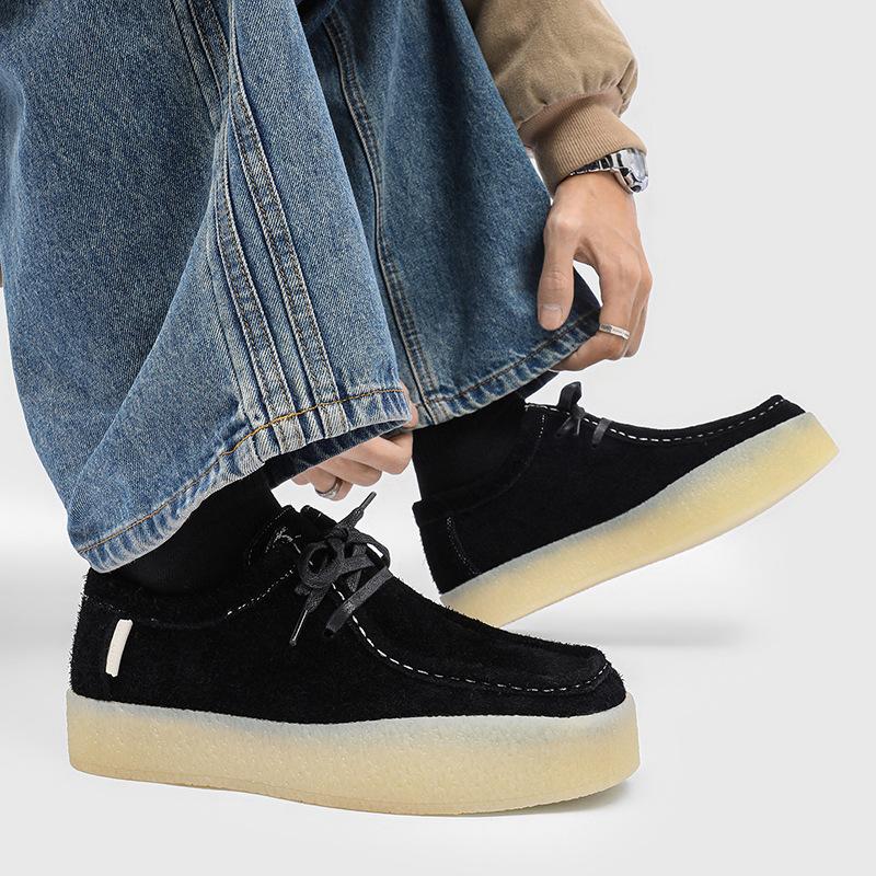 Men's Platform Moccasins Suede Black Height Increase Cream Sole Casual Shoes