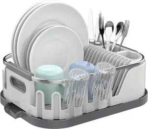 Dish Drying Rack for Kitchen Counter, Compact Dish Drainer with Drainboard, Utensil Holder and Cup Rack, Plastic Kitchen Drying Rack for Dishes, Cups, , Spoons and Forks, White