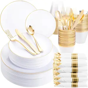 WELLIEFE 700 count  Plastic Dinnerware Set for 100 Guests, Party Plates Disposable, Include: 100 Dinner Plates, 100 Dessert Plates, 100  Plastic Silverware Set, 100 Napkins, 100 Cups