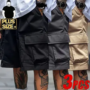 [Plus Size] Men's 3-Pack Cargo Shorts - Black/Dark Gray/Khaki Multi-Pocket Utility Shorts with Drawstring Waist, Quick-Dry Polyester Streetwear Shorts for Big & Tall Men (2XL-6XL)