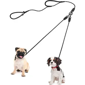 Rope Double Dog Leash, No Tangle Dual Leash, Reflective Walking Training Lead with Two Comfortable Padded Handles, Lead Coupler for Small Medium Dogs (11-55 lbs, Black Grey)