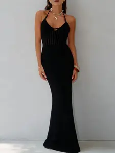 Beach Vacation Party Outing Knitted Hollow Out Long Dress, Beaded Halter Tie Up Bikini Cover-Up Dress, Summer Fashion, Elegant Style