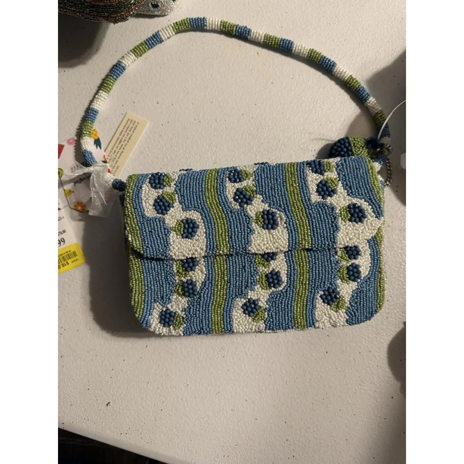 Beaded Handbag with Blue and Green Stripes and Floral Patterns, Ideal for Everyday Use