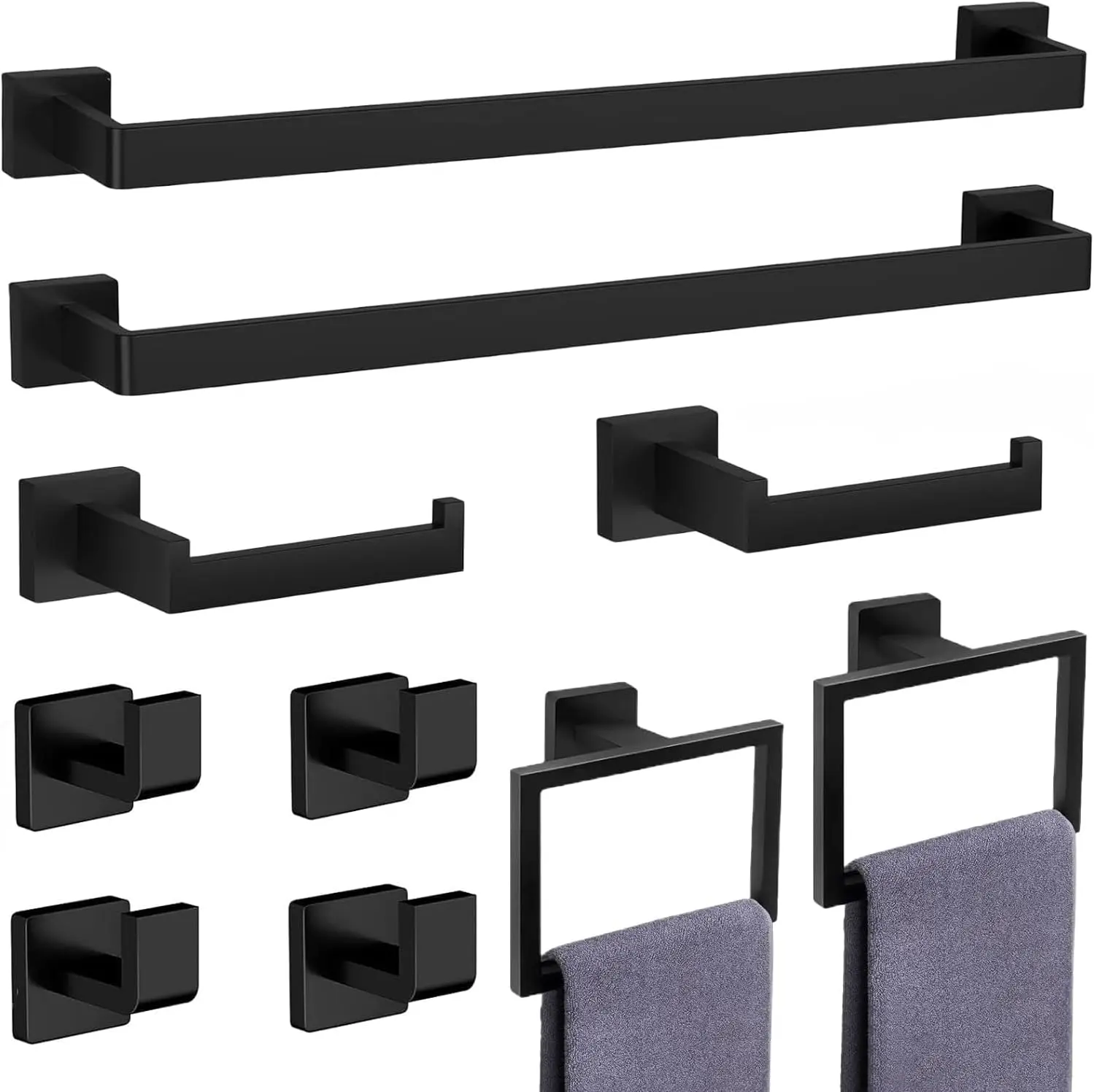 10-Pieces Matte Black Bathroom Accessories Set, Stainless Steel Bathroom Hardware Set, Towel Racks for Bathroom Wall Mounted 15.7 Inch Bath Towel Bar Set