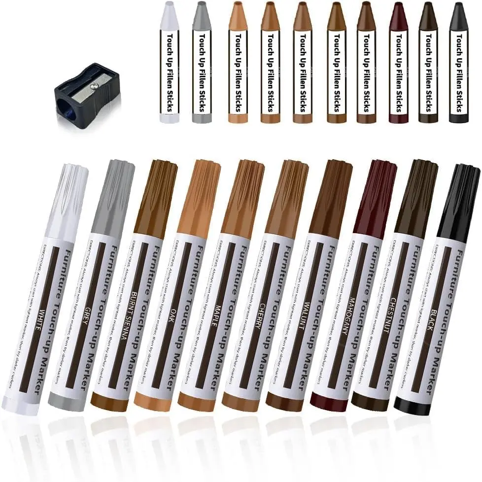 21-Piece Wooden Furniture Repair Pen & Wax Stick Set - Wax, Markers for Scratches, Stains on Oak, Maple, Burnt Sienna, Cherry, Mahogany, Walnut Floors, Beds, Tables (Ideal for Carpenters)