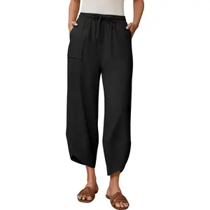 Women's Harem Cotton Linen Pants Wide Leg Barrel Baggy Sweatpants Palazzo Elastic Waist Trousers with Pockets Beach