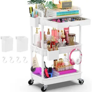 3 Tier Rolling Cart Organizer with Removable Drawer, Stable and Sturdy White Rolling Carts with 2 Lockable Wheels for,, Snack, Craft, Makeup,