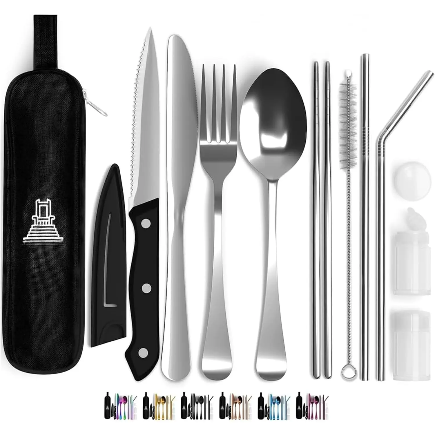 Portable Travel Silverware Set With Case, Includes 10 count of Travel Utensils With Case, Stainless Steel Flatware Set For Camping, Lightweight ()