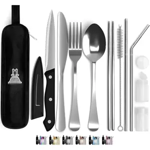 Portable Travel Silverware Set With Case, Includes 10 count of Travel Utensils With Case, Stainless Steel Flatware Set For Camping, Lightweight ()
