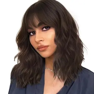 SummerVibes AISI HAIR Natural Brown Synthetic Curly Wavy Bob Wig with Bangs for Women Synthetic Short Bob Wavy Hair Wig