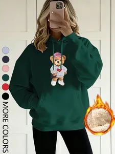 New Creative Letter Cartoon Animal Bear Print Funny Sweatshirt Women's Sport Hoodie Sweatshirts, Fitted Thickened, Casual Comfortable, Fall & Winter Wear