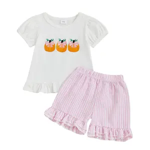 REDWOON Baby Girl Halloween Clothes Toddler Short Sleeve Bow Pumpkin Embroidery Smocked Shirts T-shirt + Gingham Ruffle Shorts Set