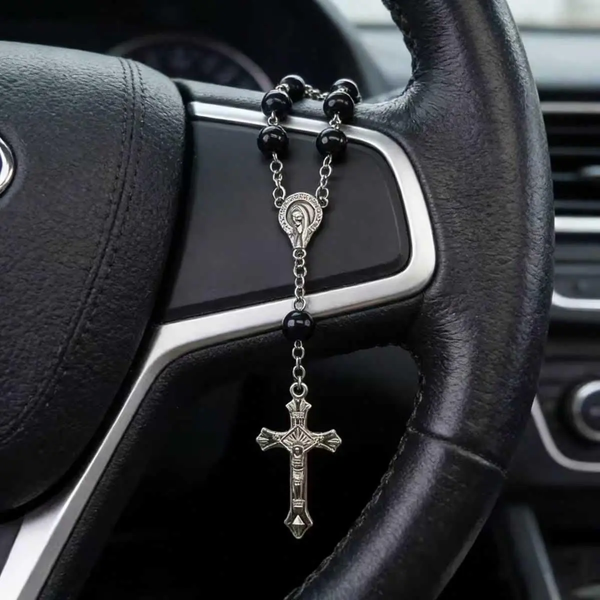 2026 New Car Mirror Steering Wheel Rose Rosary Pendant, Car Pendant, Car Cross Pendant (Black)