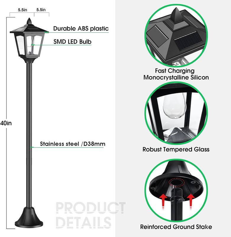 Sunface Outdoor Solar Lamp Post Lights 40-inch LED Waterproof Auto-On Dusk to Dawn for Garden Easy Install Energy Saving IP65 Durable
