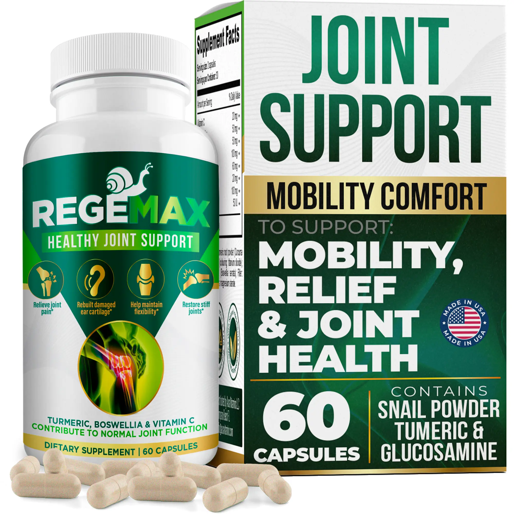 AURA VITAMINS REGEMAX Joint Support Supplement with Snail Protein Boswellia Serrata & Turmeric 60 Capsules for Natural Joint Health and Mobility