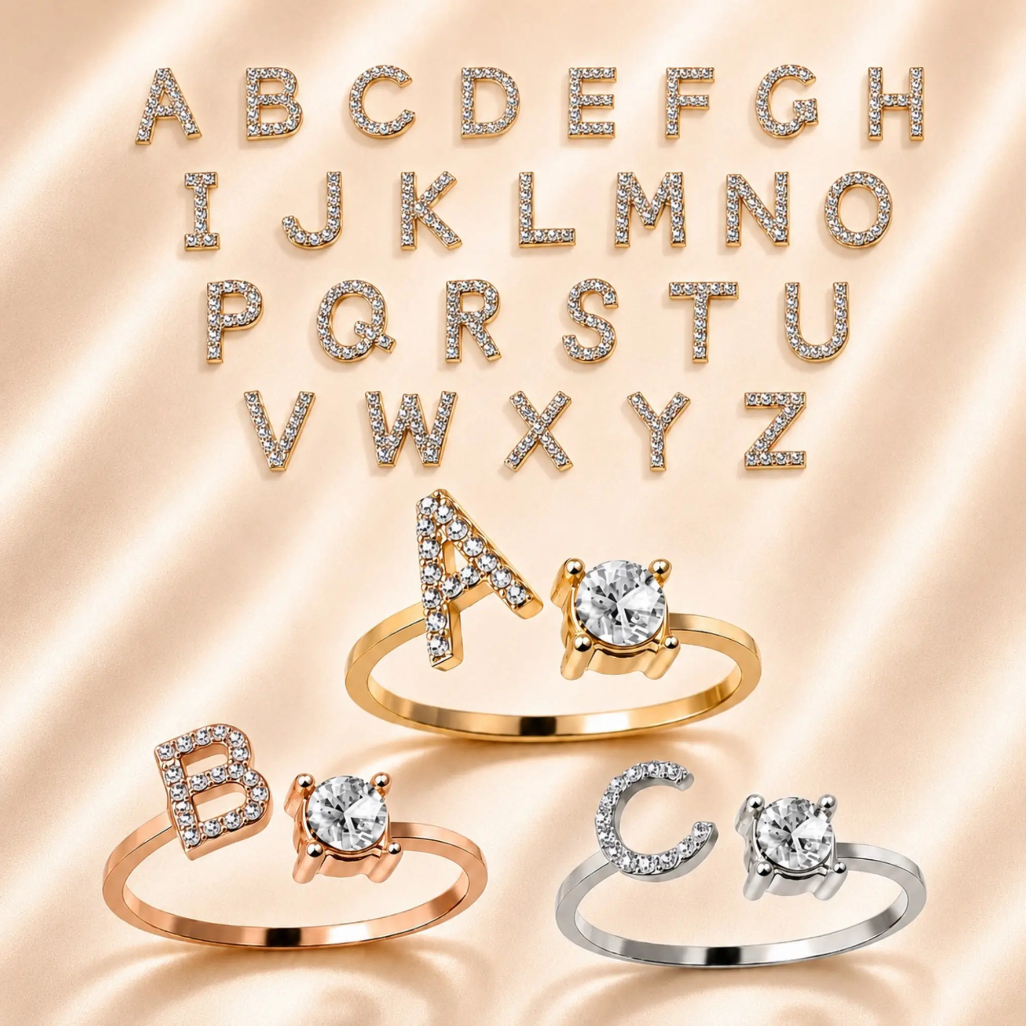 Adjustable Initial Ring – A–Z Letter Ring with Sparkling Zircon, Personalized Gold-Tone Jewelry Gift for Women