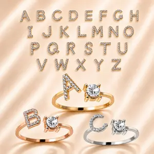 Adjustable Initial Ring – A–Z Letter Ring with Sparkling Zircon, Personalized Gold-Tone Jewelry Gift for Women
