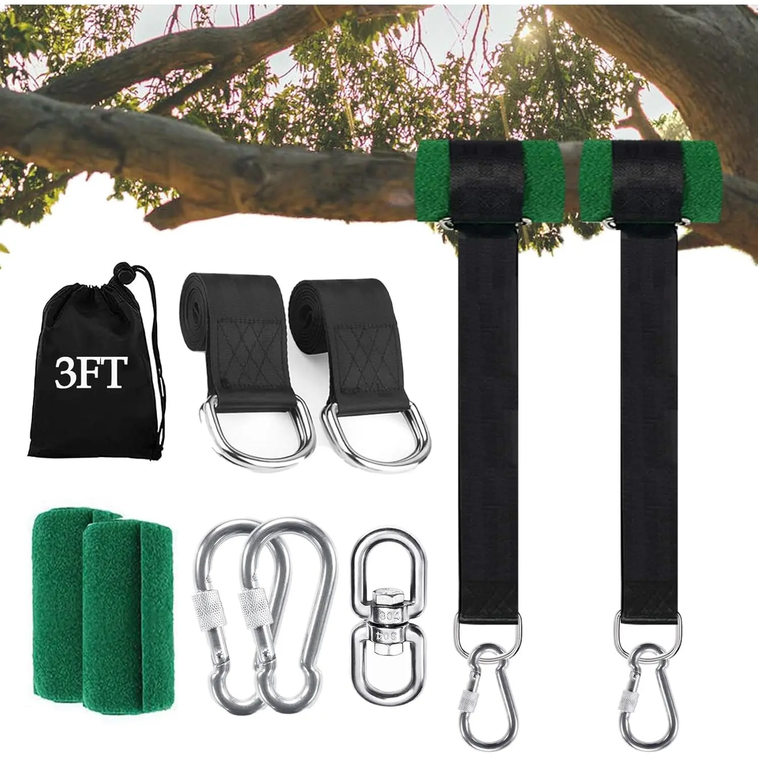 Tree Swing Straps Hanging Kit (Set of 2), 3FT/8FT/10FT/20FT/30FT Tree Swing Straps Holds 2500 lbs with Tree Protector, Safety Lock Carabiner and Swivel  for Swings & Hammocks(3 FT)