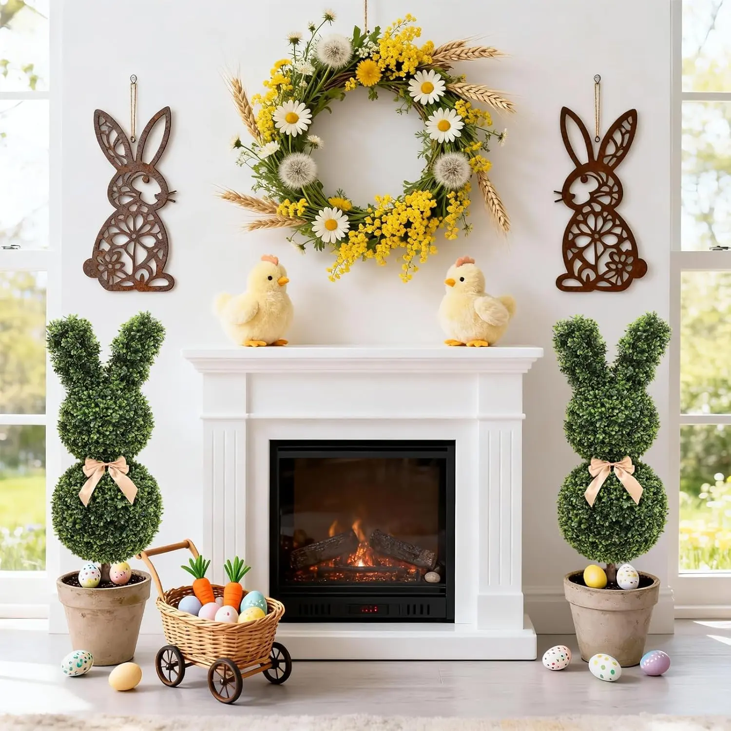 Amada 37'' Boxwood Bunny Topiary (2 Pack) – UV-Resistant Artificial Rabbit Trees with Black Pots, Indoor & Outdoor Easter Spring Porch Decor
